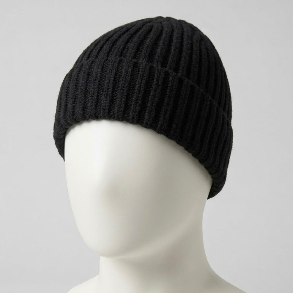 Loro Piana Black 100% Cashmere Ribbed Knit Beanie Hat Unisex Made in Italy